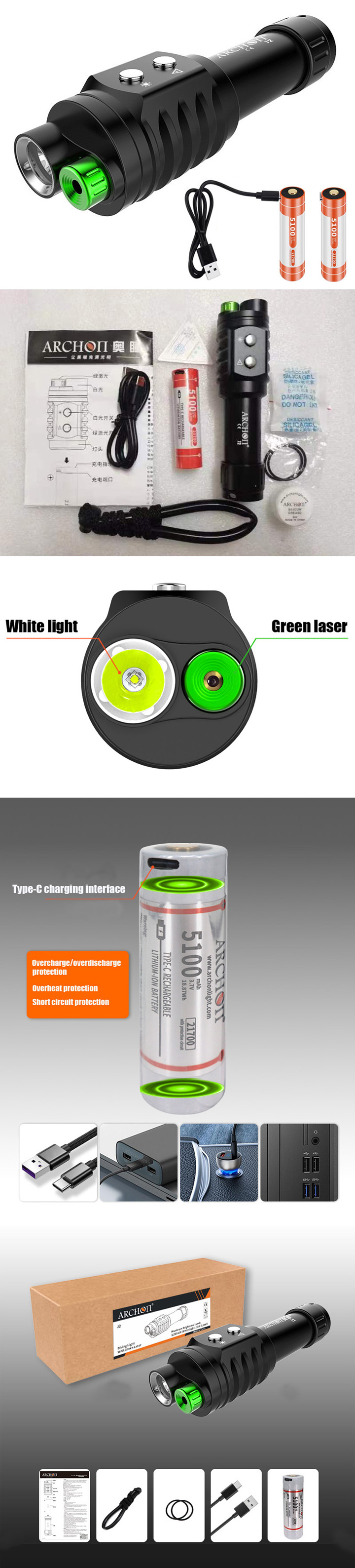 Waterdichte Groene Laser met Zaklamp